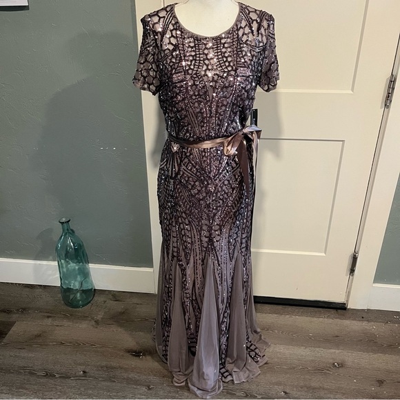 R&M Richards Mocha Short Sleeve Sequin and Mesh Gown 8 - Picture 3 of 16